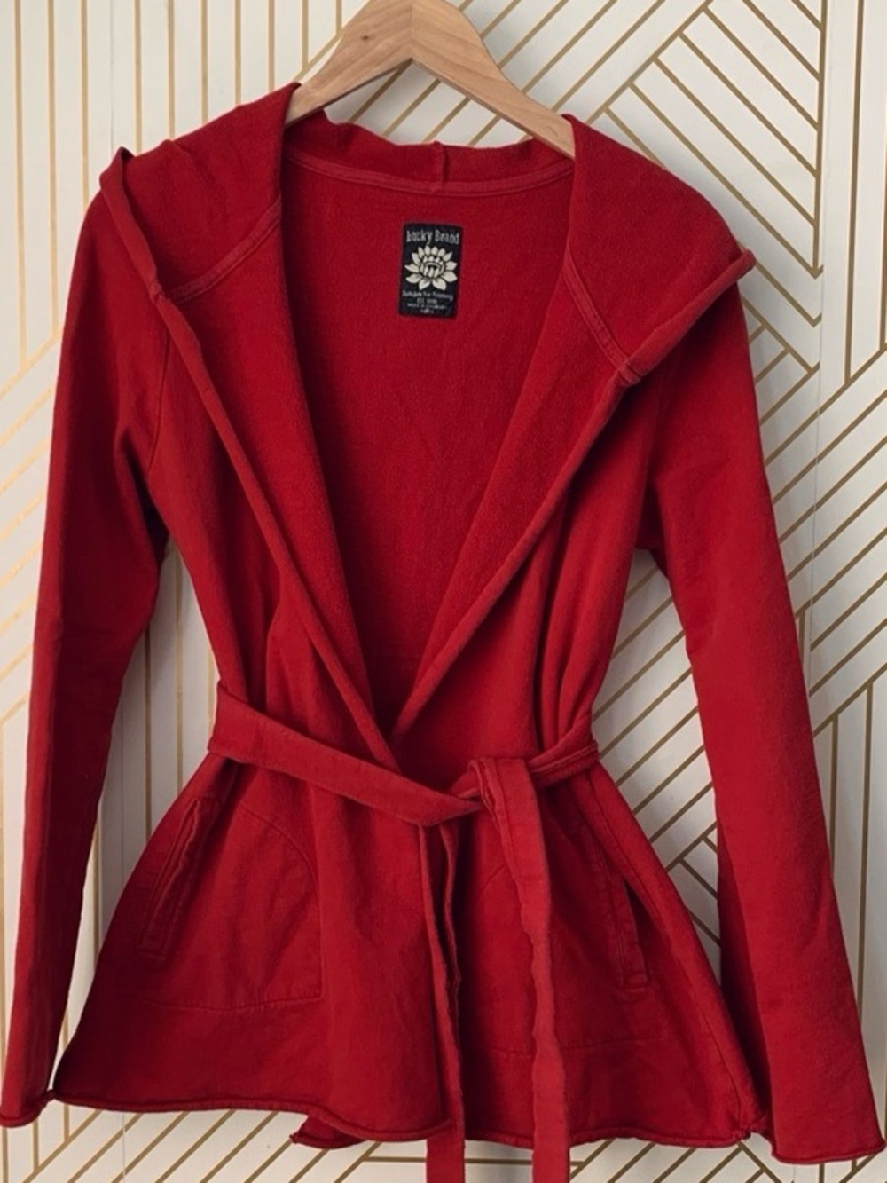 Vintage Lucky Brand Jingo 100% Cotton Red Tie Cardigan Pockets Bohemian Y2K